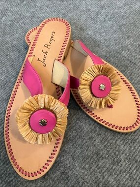 Jack Rogers Hot Pink Raffia Flower Slide Sandals